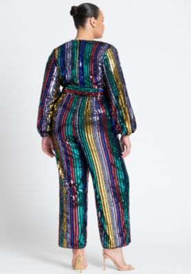 Women's Plus Size Multicolor Stripe Sequin Jumpsuit