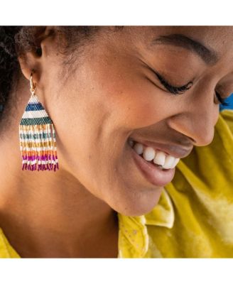 INK + ALLOY Women's James Mini Gold Hoop Horizontal Stripes Beaded Fringe Earrings Muted