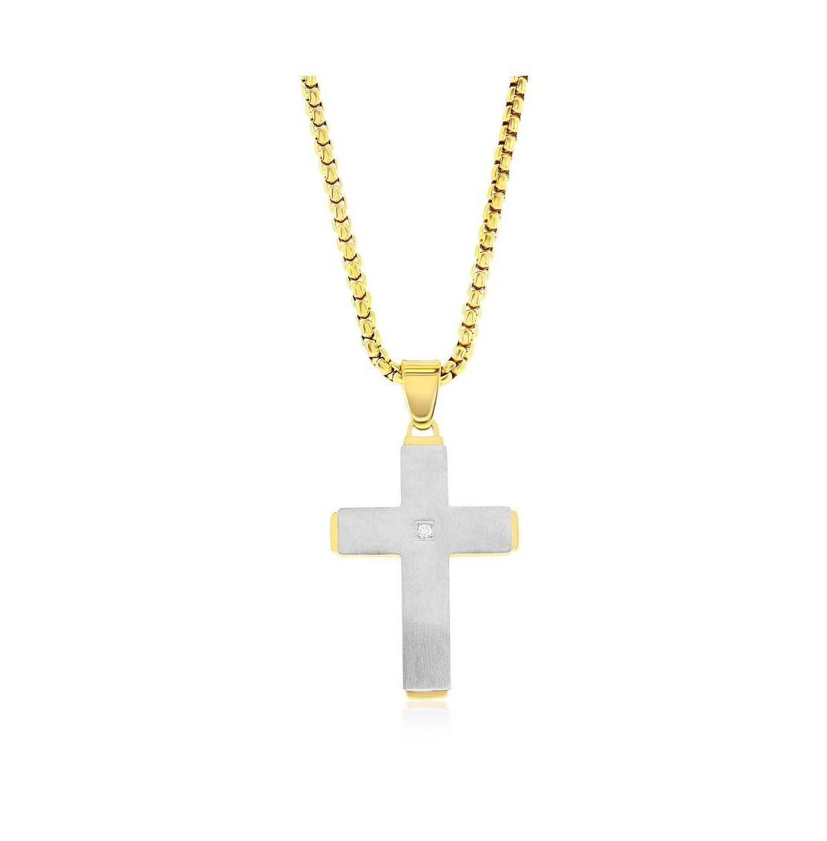 Stainless Steel Silver and Gold Single Cz Cross Necklace - Gold