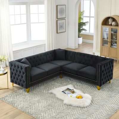  82.2" Velvet L-Shaped Corner Sofa, 5-Seater, 3 Cushions