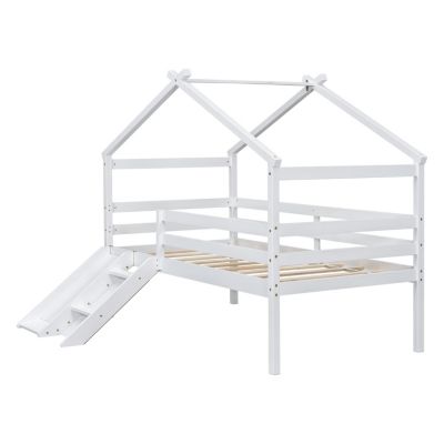 Twin House Bed with Slide, Ladder, and Safety Rails