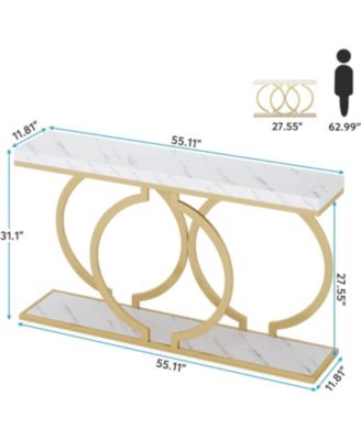 Gold Console Table, 55.11 inch Faux Marble Entryway Table Narrow Long Sofa Table, Modern Accent Table for Living Room, Entrance Table Geometric Metal Frame, White and Gold.