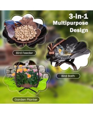 Solar Outdoor Bird Bath Feeder Combo with Flower Planter Pedestal and Solar Lights
