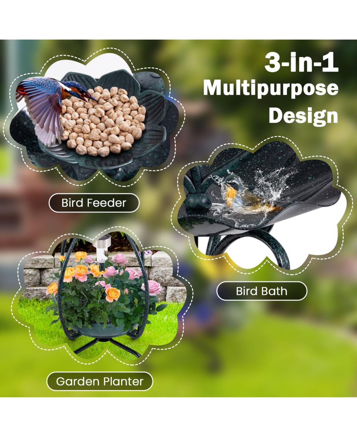 Slickblue Solar Outdoor Bird Bath Feeder Combo with Flower Planter Pedestal and Solar Lights