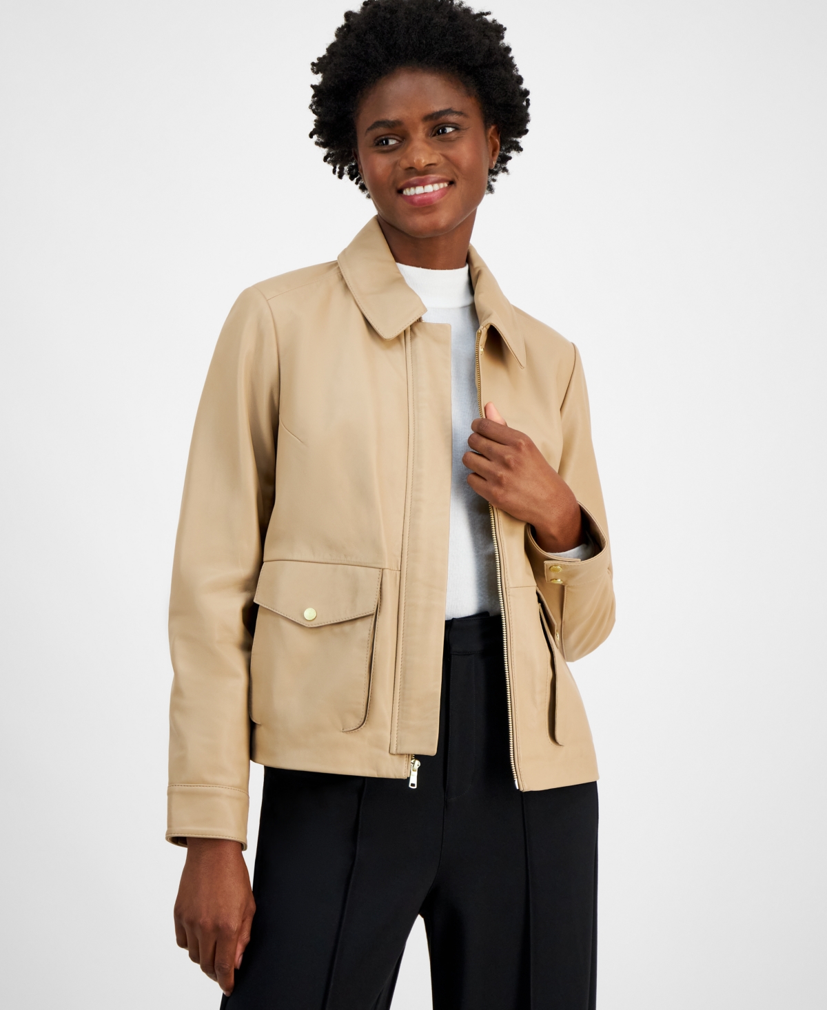 Cole Haan Petite Leather Zip Front Coat