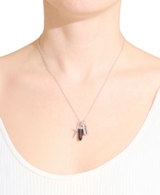 Black Agate Stone Charm Necklace in Fine Silver Plated Brass