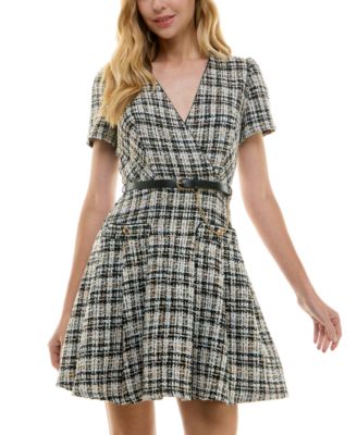 City Studios Juniors' Belted Boucl Fit & Flare Dress - Macy's