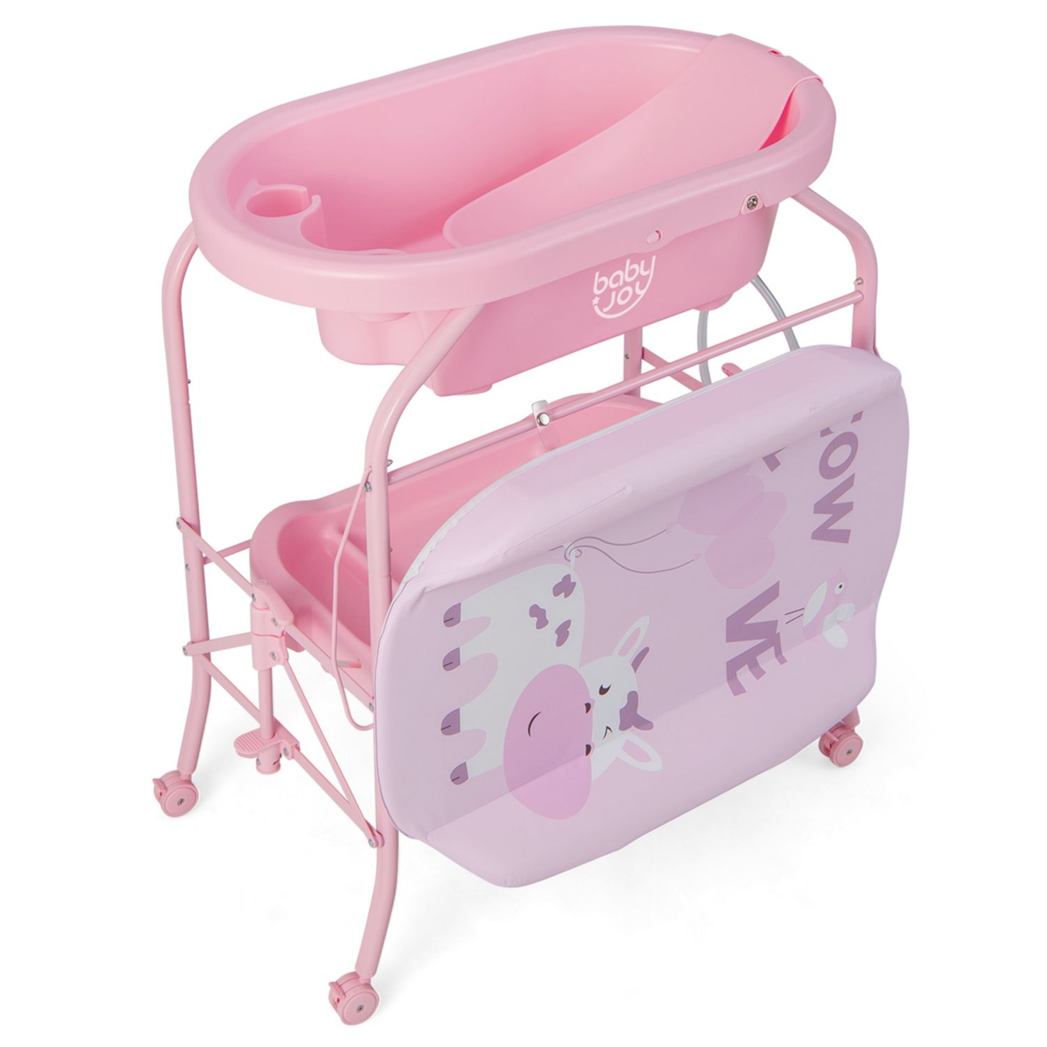 Baby Changing Table with Bathtub, Folding Diaper Station with Wheels