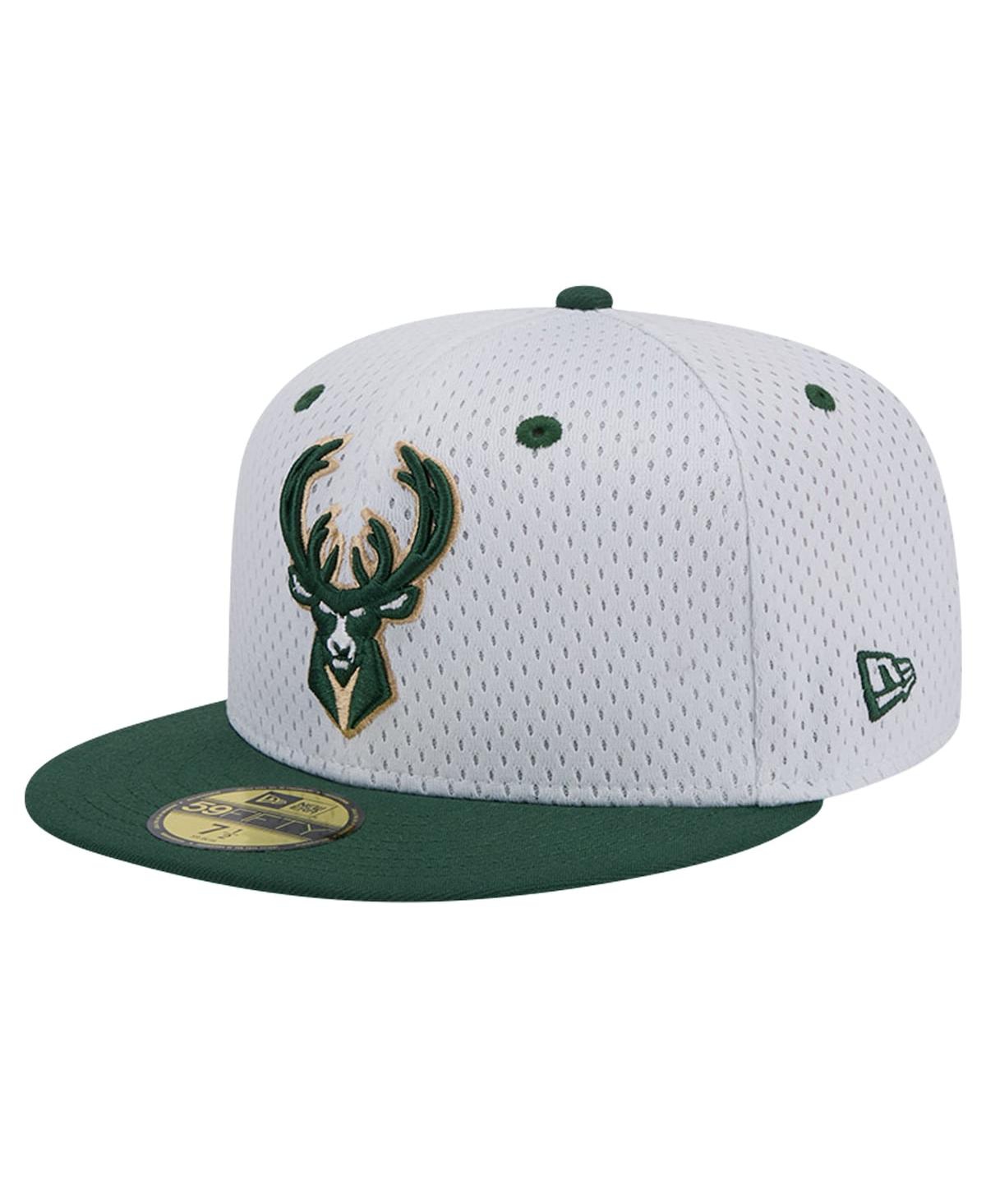 NEW ERA MEN'S WHITE/HUNTER GREEN MILWAUKEE BUCKS THROWBACK 2TONE 59FIFTY FITTED HAT 