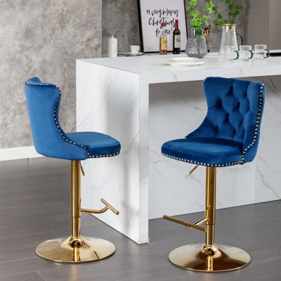 Modern Blue Velvet Bar Stools, Set of 2