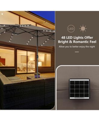 Outdoor 15' Double-Sided Patio Umbrella 48 Solar LED Lights Crank & Base Wine