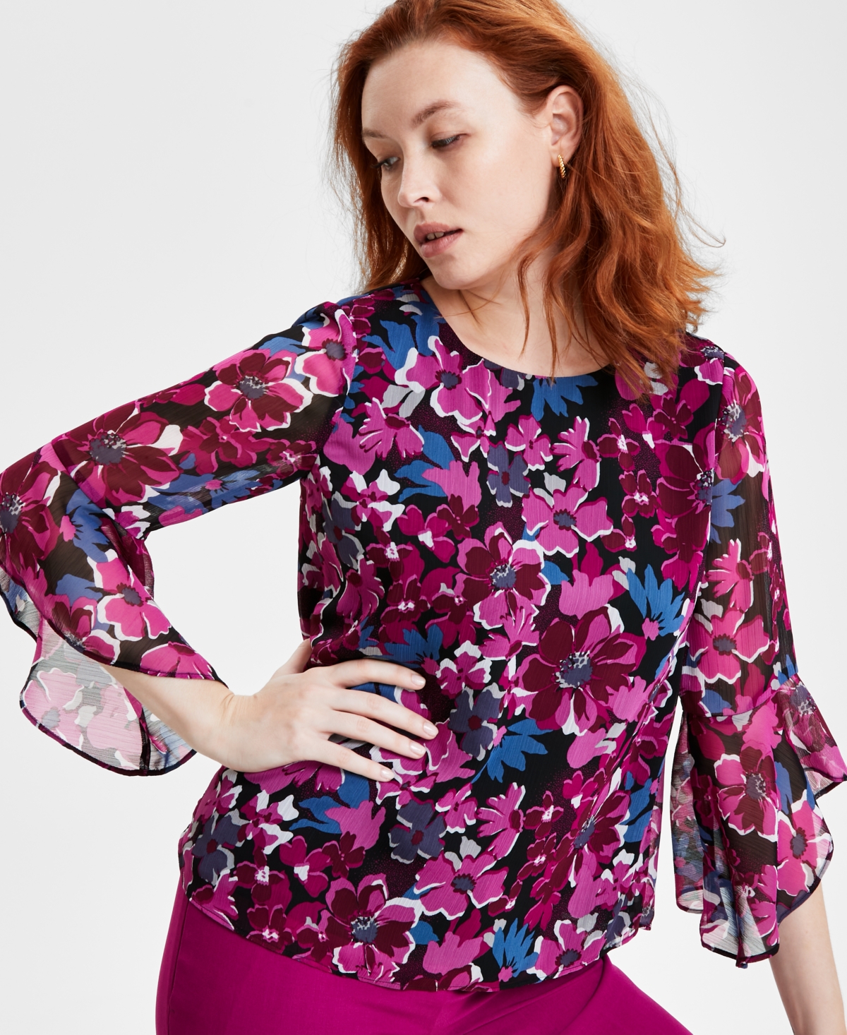 Kasper Women's Floral-Print Ruffle-Sleeve Blouse -Cerise Multi