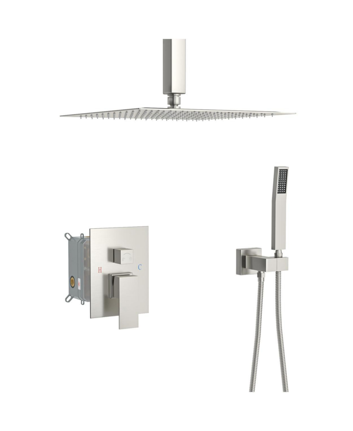 Ceiling Shower Set - 16 Inch Square Shower Set, Dual Shower Heads, Brushed Nickel - Brushed nickel