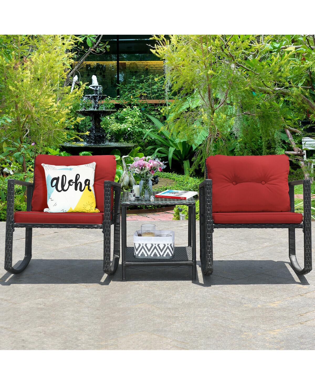 Sugift 3 Pieces Cushioned Patio Rattan Set with Rocking Chair and Table- Red