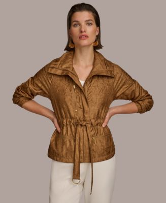 Women's Faux Leather Jacket with Sheer Ruffled Sleeves, Belted Waist & Front Zip Closure - Stylish & Trendy Outerwear