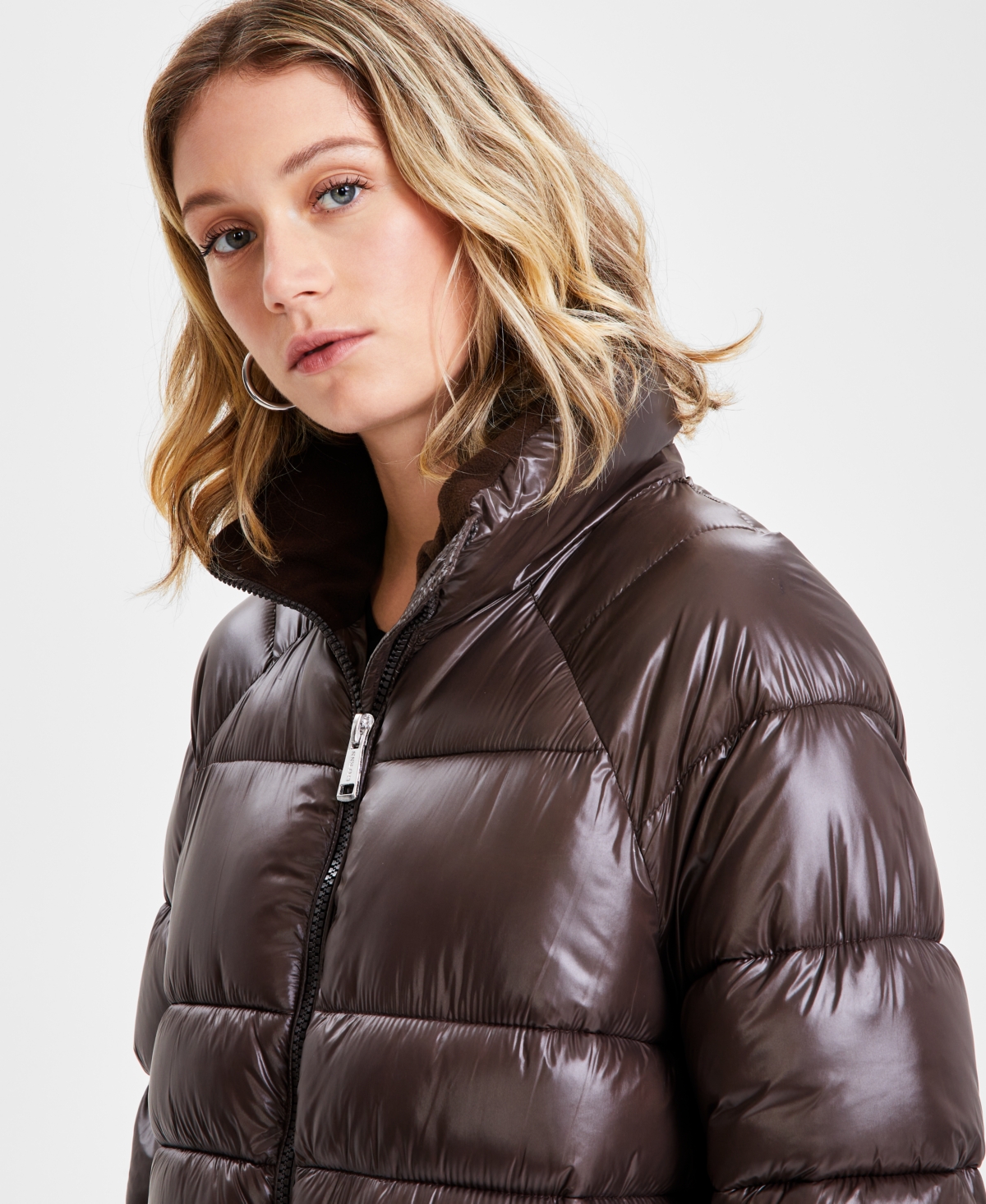 Guess Women s Shine Hooded Mid Length Puffer Coat Brown Espresso Smart Closet