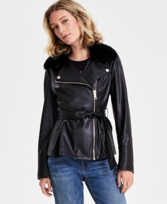Women'S Faux Leather Jacket With Faux Fur Collar, Winter