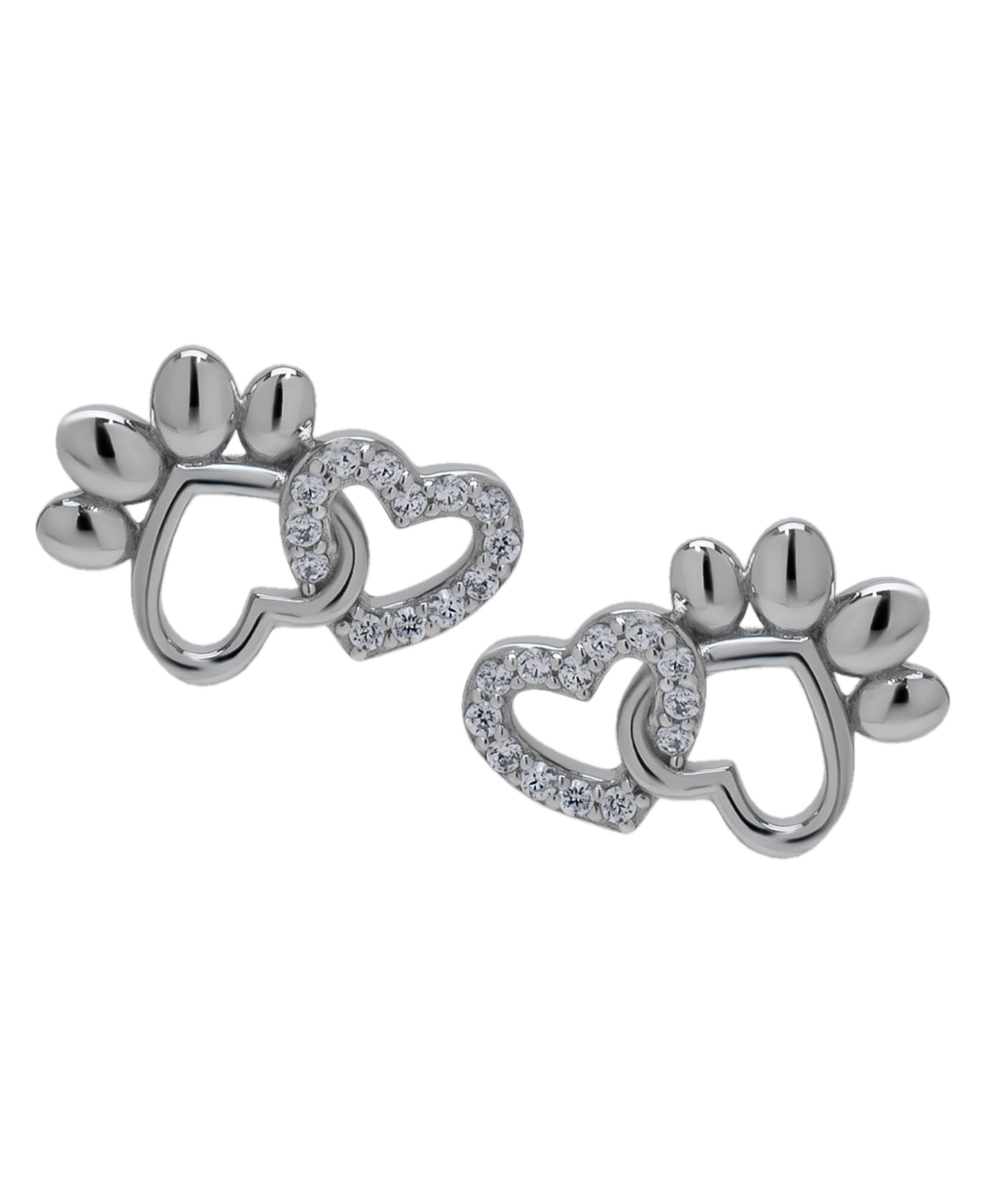 Macy's Cubic Zirconia Heart And Silver Plated Paw Stud Earrings In Silver