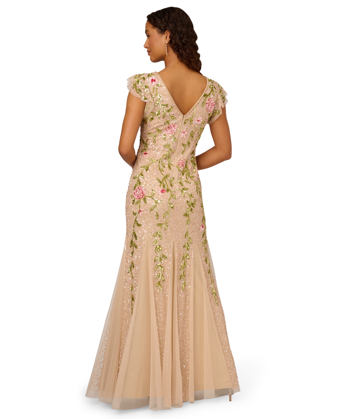 ADRIANNA PAPELL WOMEN'S BEADED MESH FLUTTER-SLEEVE GOWN 