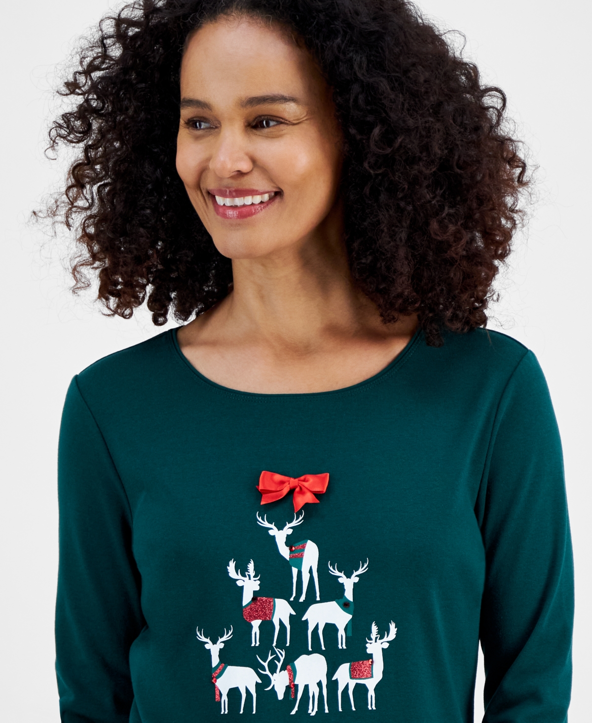 Holiday Lane Women's Deer Celebration Long-Sleeve Top, Created for Macy's
