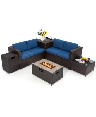 6PCS Patio Rattan Furniture Set 32'' Fire Pit Table Tank Holder with Cover