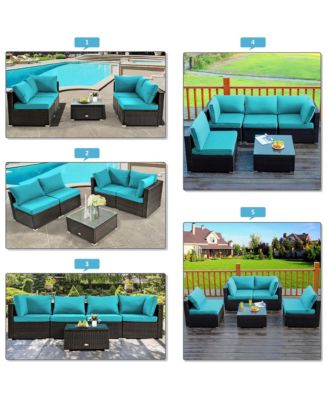 6PCS Patio Rattan Furniture Set 42'' Fire Pit Table Cover Sofa Cushion