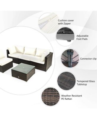 6PCS Patio Rattan Furniture Set 42'' Fire Pit Table Cover Sofa Cushion