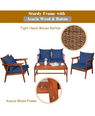 8PCS Patio Rattan Furniture Set Acacia Wood Frame Cushioned Sofa Chair Navy