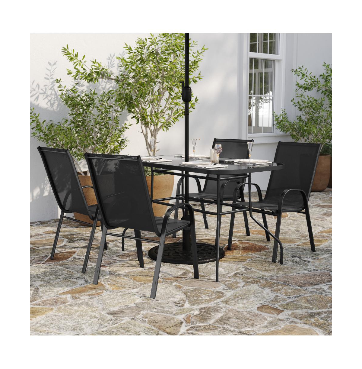 Merrick Lane Bardwell 5 Piece Outdoor Dining Table Set For 4 With Glass-Top Patio And Stack Chairs Flex Comfort Material
