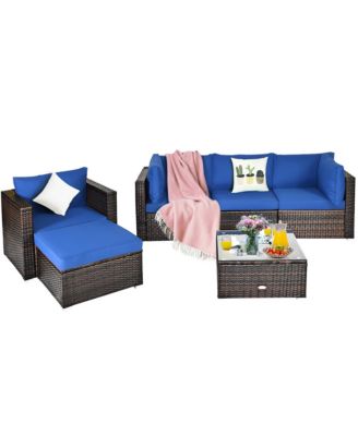6PCS Patio Rattan Furniture Set Sectional Cushion Sofa Coffee Table Ottoman