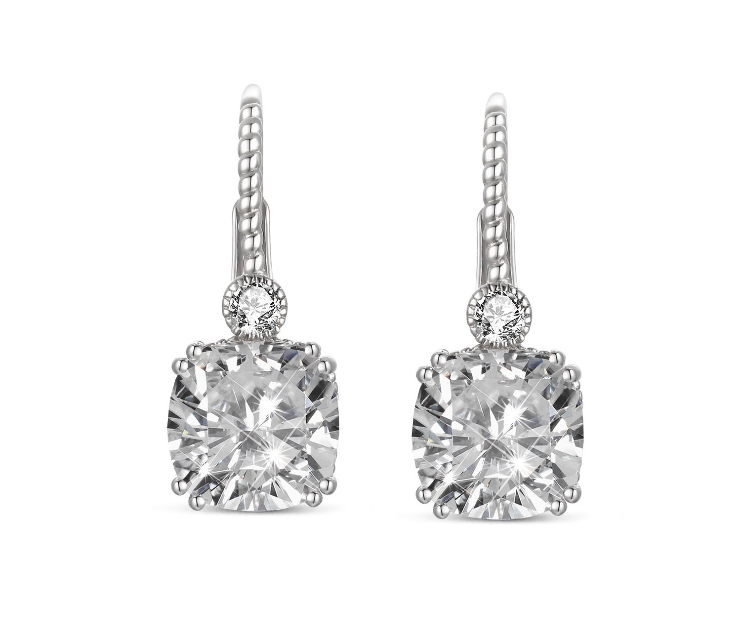 Beautiful White Gold Plated Cushion-Cut CZ leverback Earrings