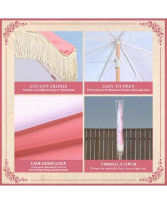 6Ft Fringe Patio Umbrella with Tassels & Carry Bag 50 / 60s Vintage Style Umbrella Wood Pink,Model: PS6-12