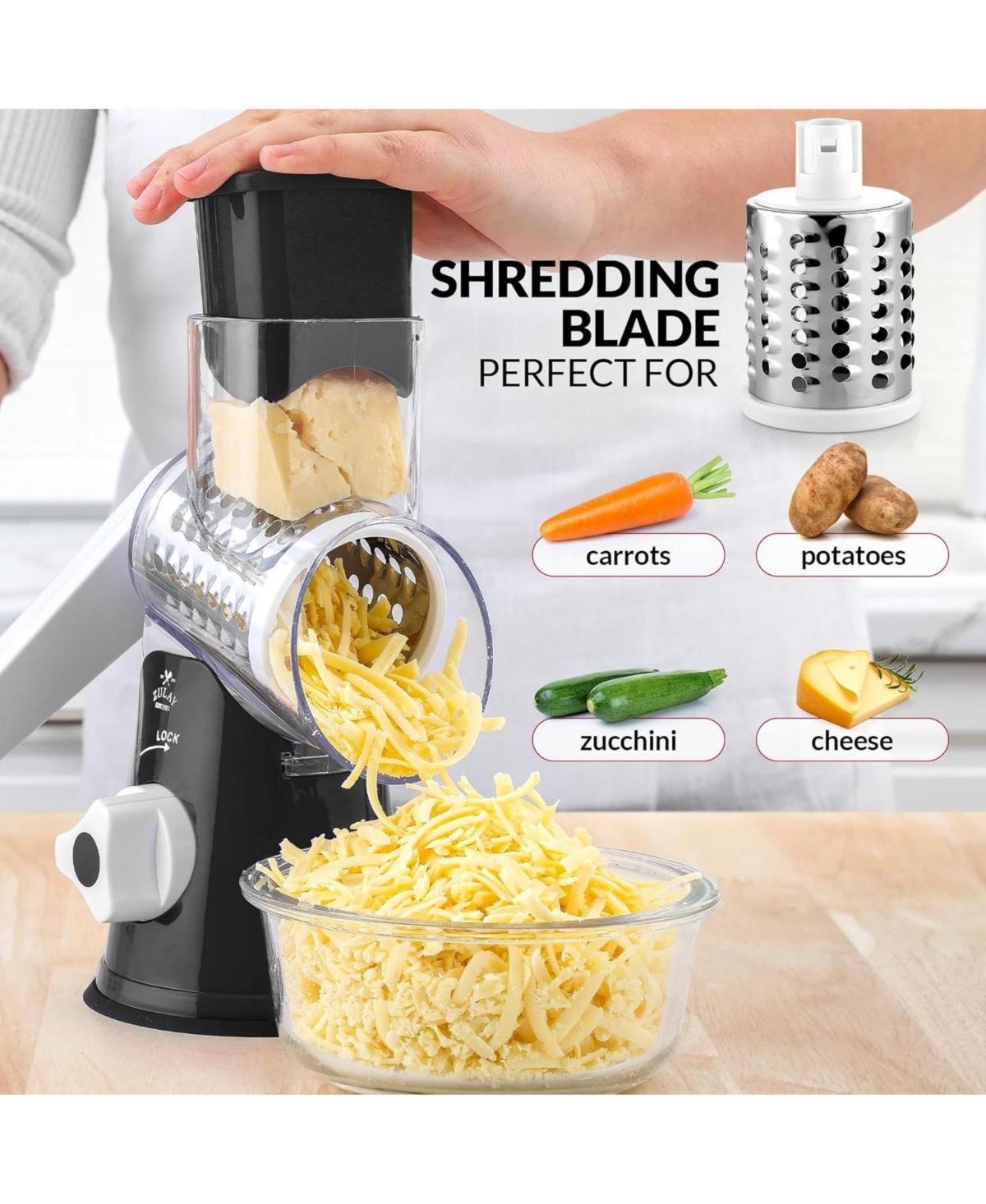 Zulay Kitchen Rotary Cheese Grater with 3 Interchangeable Blade Drums - Hand Crank Cheese Shredder and Slicer with Reinforced Suction