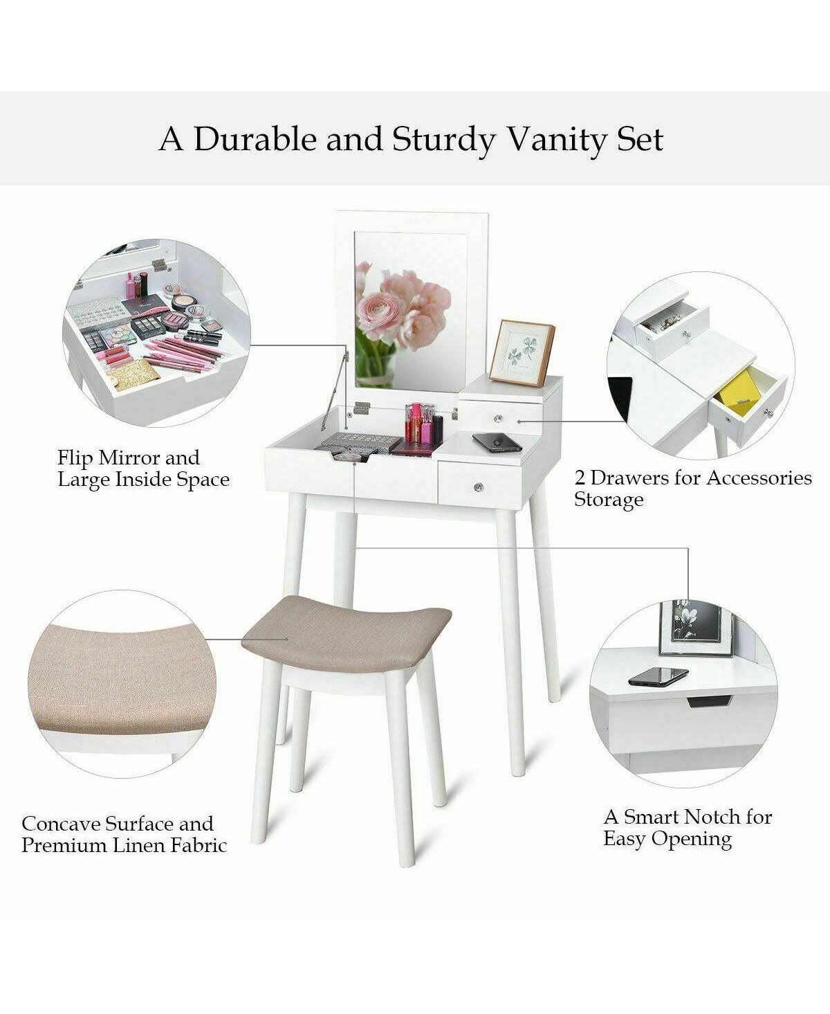 Sugift Vanity Dressing Table Set Flip Mirror Desk Furniture Stool
