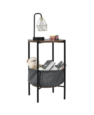 Industrial Round End Side Table Sofa Coffee Table w/ Storage Basket&Metal Frame