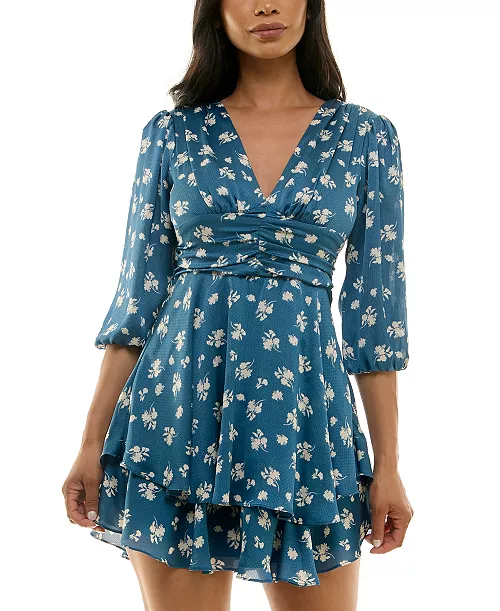juniors' v-neck tie-waist tiered a-line dress