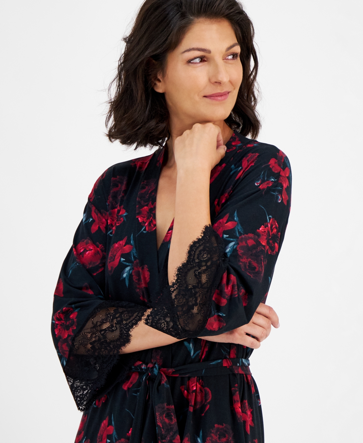 I.n.c. International Concepts Women's Lace-Trim Modal Knit Wrap Robe, Created for Macy's