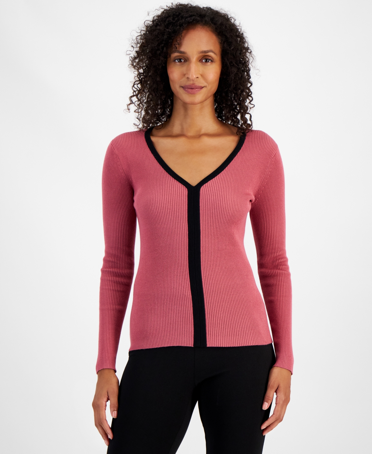 T Tahari Women's Contrast-Trim Ribbed Long-Sleeve Top