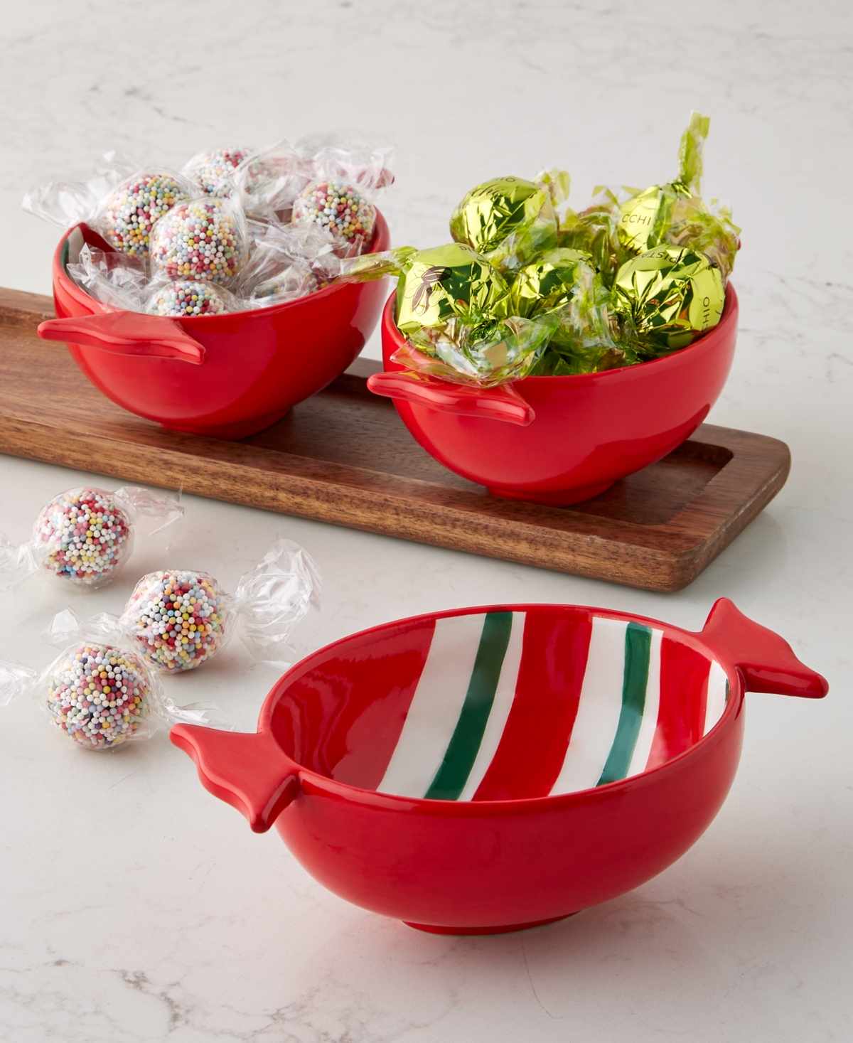 Holiday Lane Set of 3 Candy Bowls with Wood Tray