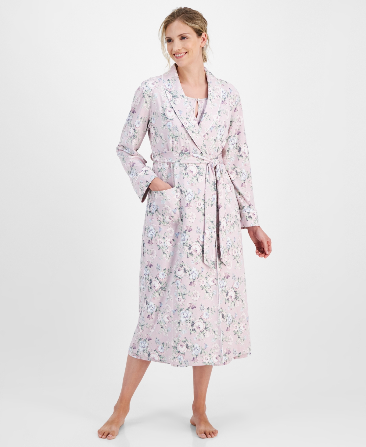 Charter Club Women's Cotton Floral-Print Tie-Waist Robe, Created for Macy's