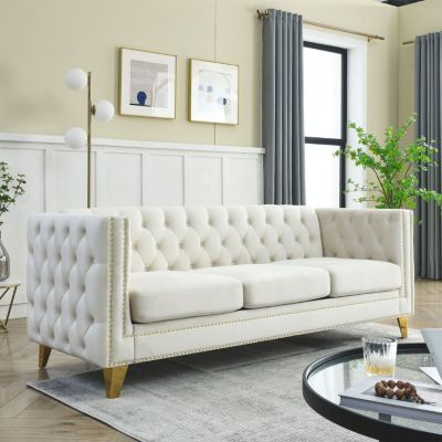 Velvet Sofa with Tufted Arms and Metal Legs