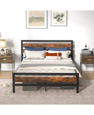 Queen Industrial Bed Frame with Rustic Headboard and Footboard-Queen Size