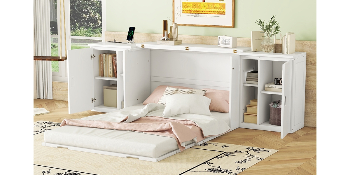 Streamdale Full Size Murphy Bed with Shelves, Cabinets and Usb Ports, White