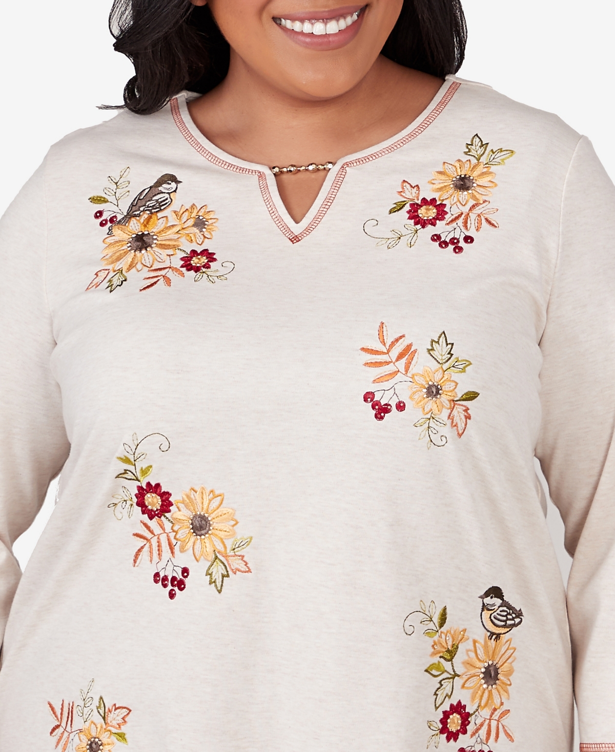 Alfred Dunner Alf Dunner Plus Size Classic Sunflowers And Birds Top In Oatmeal