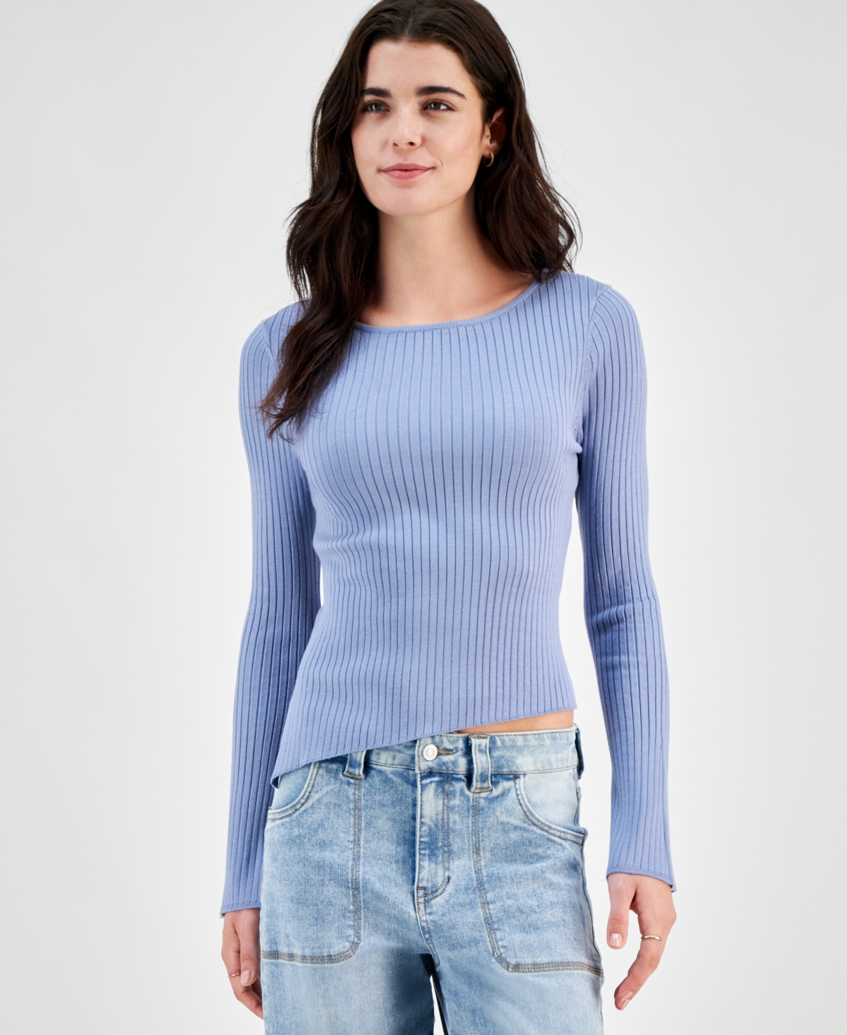 Hooked Up by Iot Juniors' Asymmetrical Hem Ribbed Long-Sleeve Top