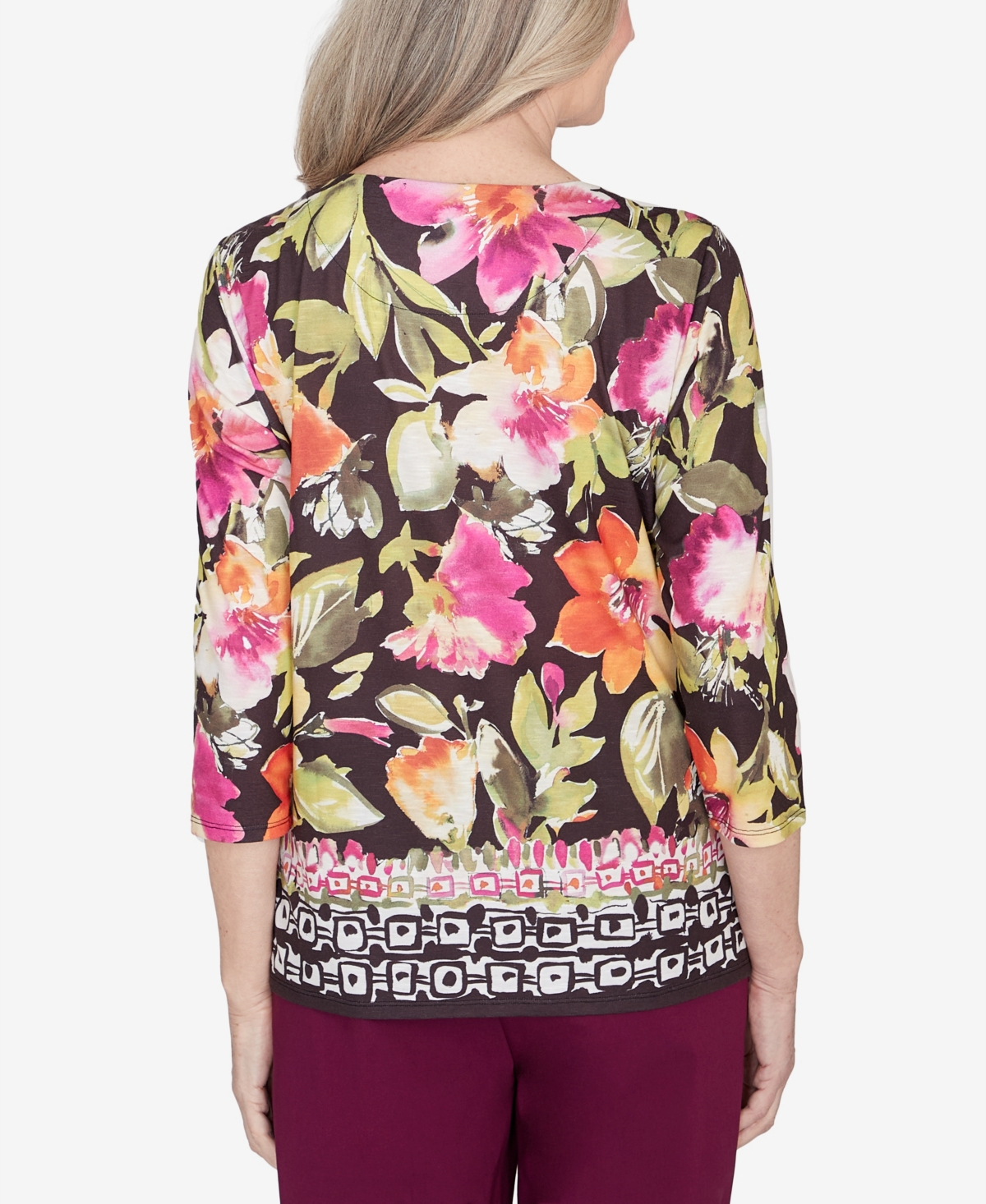 Alfred Dunner Classic Bold Floral Geometric Border Top