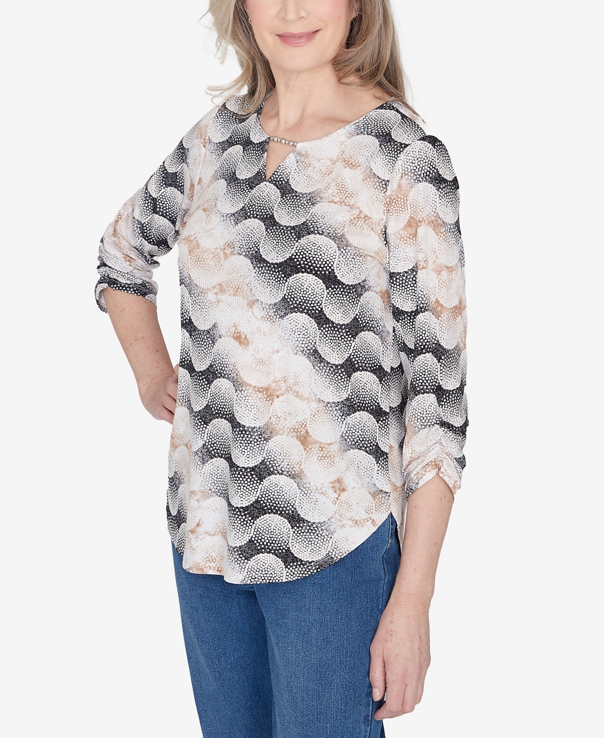 Alfred Dunner Classic Stripe Dots Top -Tan