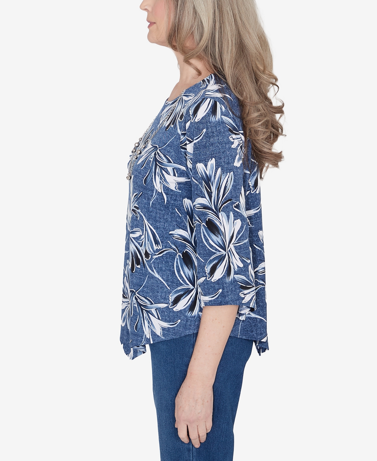 Alfred Dunner Classic Elegant Flower Top With Necklace In Denim