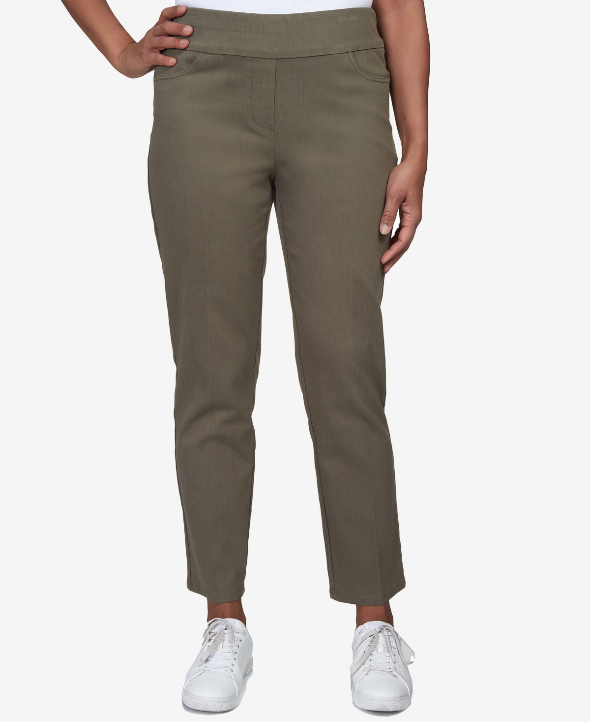 Alfred Dunner Petite Mid-rise Pull On Straight Leg Denim Pants, Petite & Petite Short In Olive