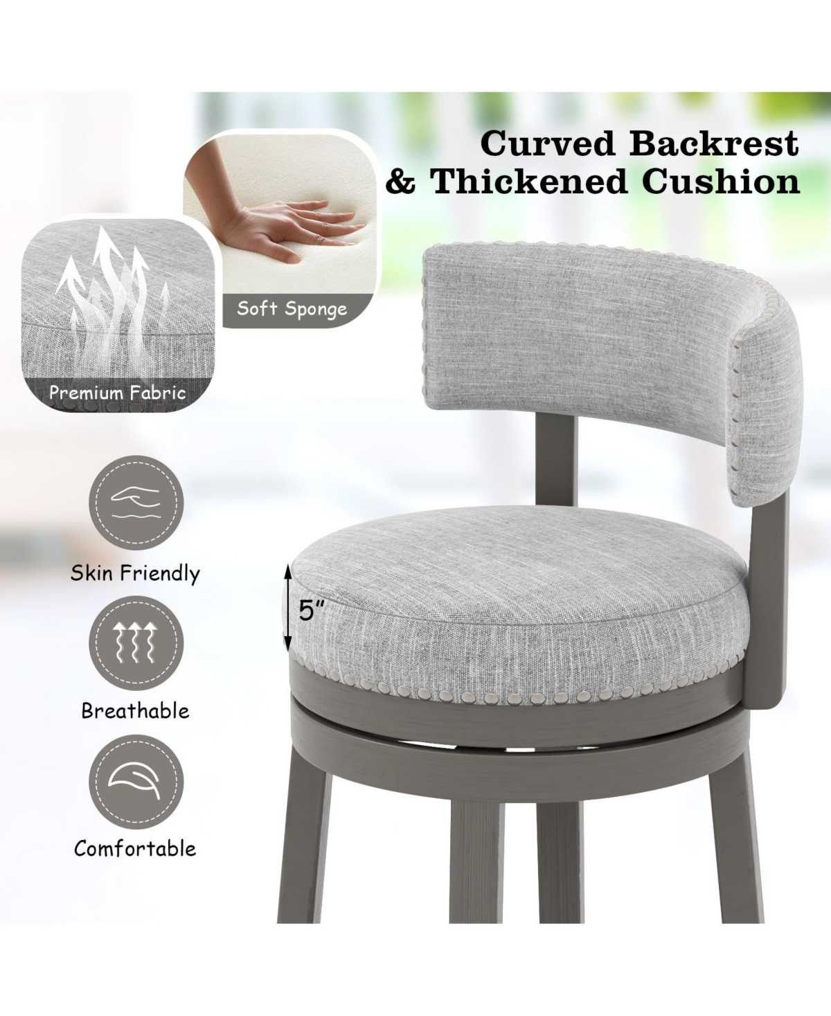 Swivel Bar Stool with Upholstered Back Seat and Footrest